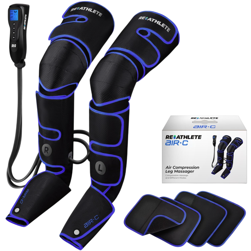 Reathlete Air-C Compression Leg Massager with adjustable wraps and handheld controller for air compression therapy. Includes a box and extra pads.