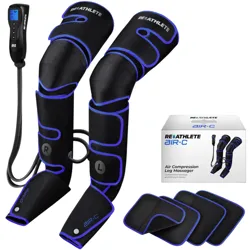 Reathlete Air-C Compression Leg Massager with adjustable wraps and handheld controller for air compression therapy. Includes a box and extra pads.