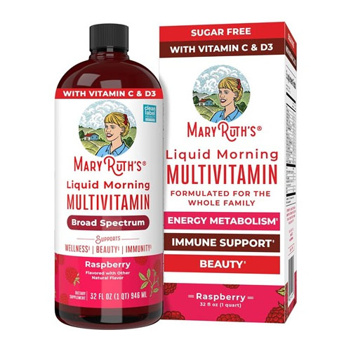 MaryRuth's Liquid Morning Multivitamin, raspberry flavor, 32 fl oz, is sugar-free and contains vitamins C and D3. It's formulated for the whole family, supporting immune health, energy metabolism, and beauty.