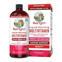 MaryRuth's Liquid Morning Multivitamin, raspberry flavor, 32 fl oz, is sugar-free and contains vitamins C and D3. It's formulated for the whole family, supporting immune health, energy metabolism, and beauty.