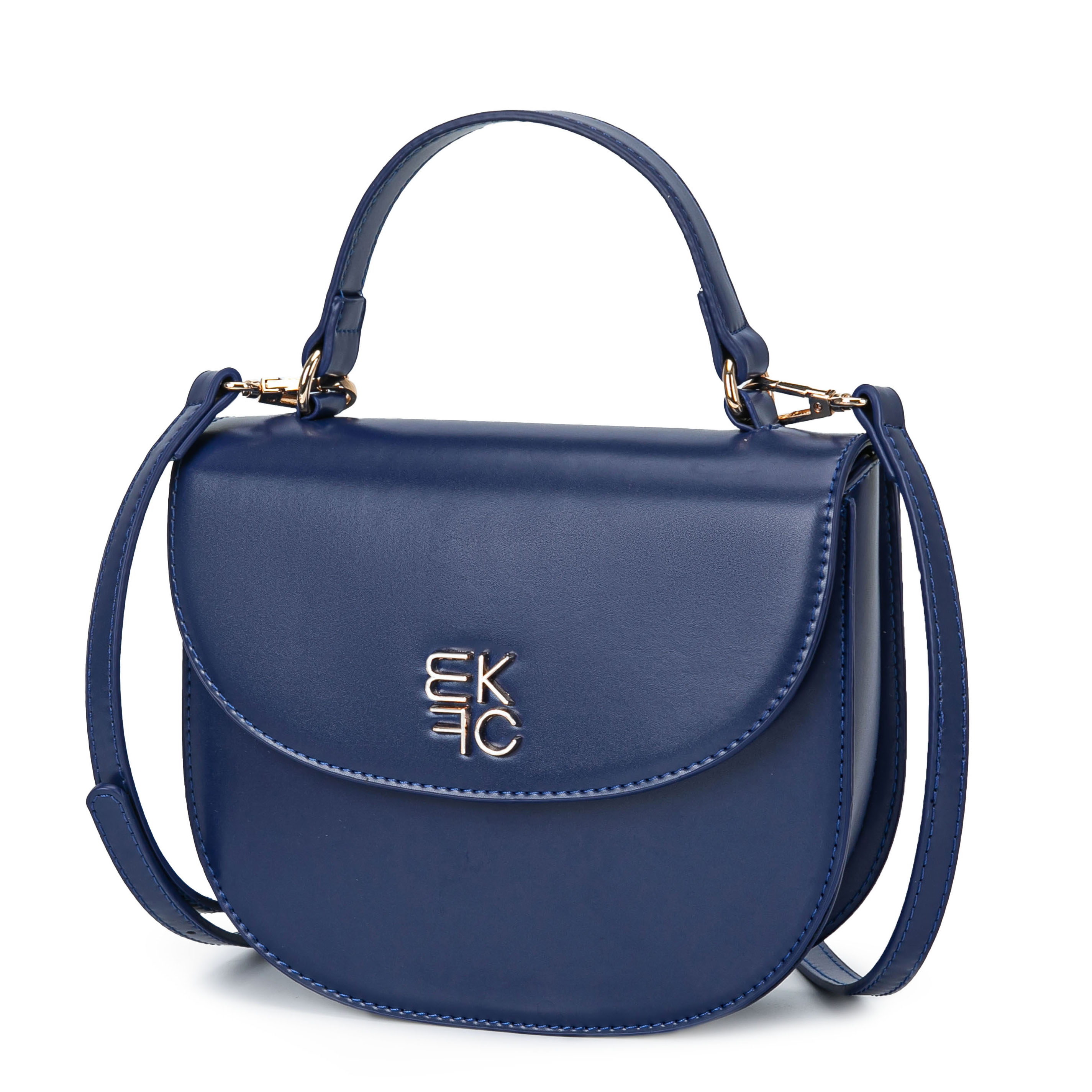 A small blue handbag with a top handle and a detachable shoulder strap, featuring a metallic logo on the front flap.