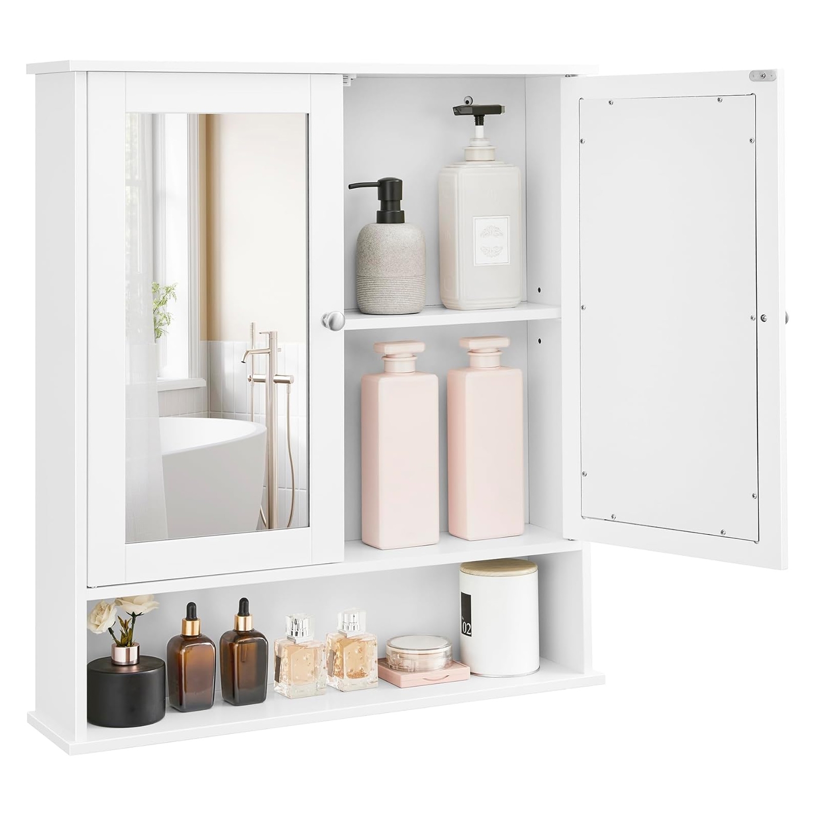 White bathroom wall cabinet with a mirror and open shelves, featuring various bottles and containers in neutral tones for toiletries and decor.