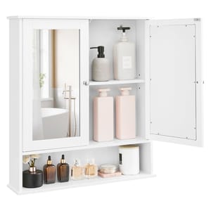 White bathroom wall cabinet with a mirror and open shelves, featuring various bottles and containers in neutral tones for toiletries and decor.