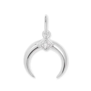 A silver crescent horn pendant featuring a miniature diamond-like embellishment at the center, designed for attachment to a chain or necklace.