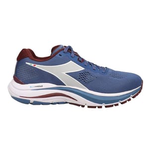 Blue athletic shoe with a white logo, burgundy accents, and \“Blushield\“ technology on the sole. Designed for running with a breathable mesh upper and cushioned sole.