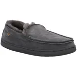 A gray, fur-lined slipper with a soft upper, moccasin-style stitching, and a ribbed rubber sole.