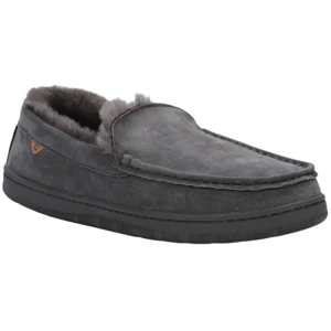 A gray, fur-lined slipper with a soft upper, moccasin-style stitching, and a ribbed rubber sole.