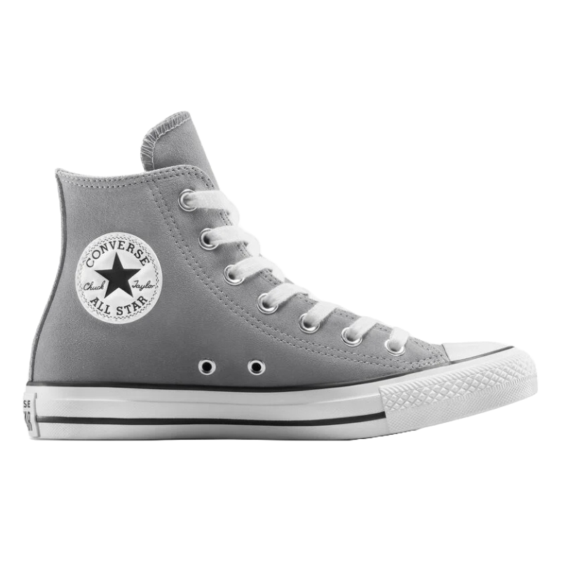 Gray high-top sneaker with white laces, featuring a circular \“Converse All Star\“ patch on the side. The shoe has a rubber toe cap and sole with black stripe details.