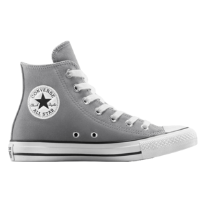 Gray high-top sneaker with white laces, featuring a circular \“Converse All Star\“ patch on the side. The shoe has a rubber toe cap and sole with black stripe details.