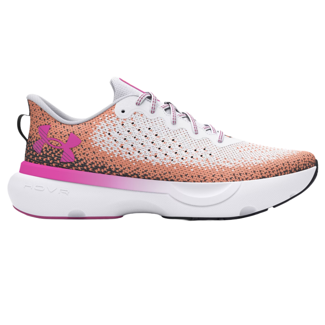Under Armour running shoe with a gradient design from white to orange, featuring a pink and black logo, a thick white sole with \“HOVR\“ branding, and pink accents.