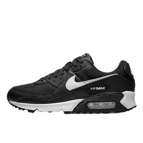 Black and white Nike Air Max sneaker featuring a visible air cushioning unit in the heel and a sleek, low-top design.