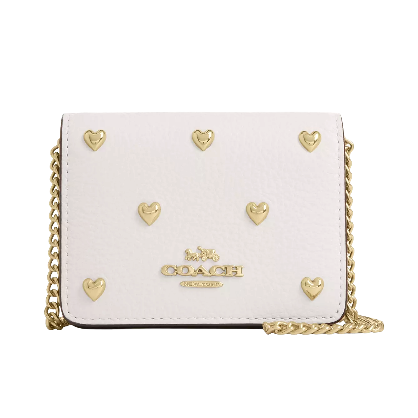 White Coach wallet with gold heart embellishments and a gold chain strap.