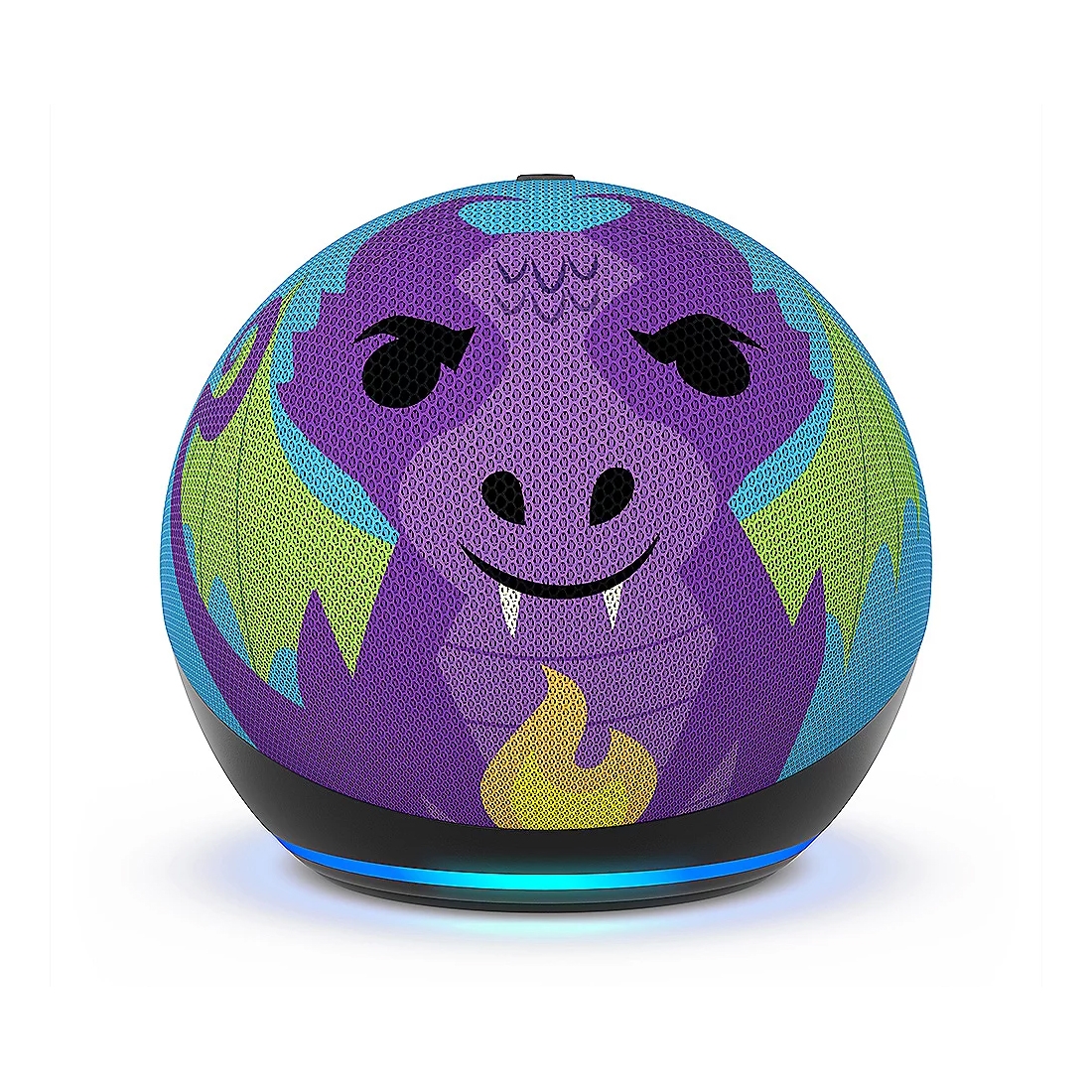 This is an Amazon Echo Dot Kids designed as a purple dragon with a friendly face, featuring blue and green accents.