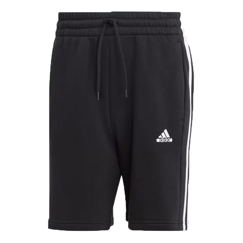 Black fleece shorts with a drawstring waist, side pockets, and the Adidas logo on the left leg.