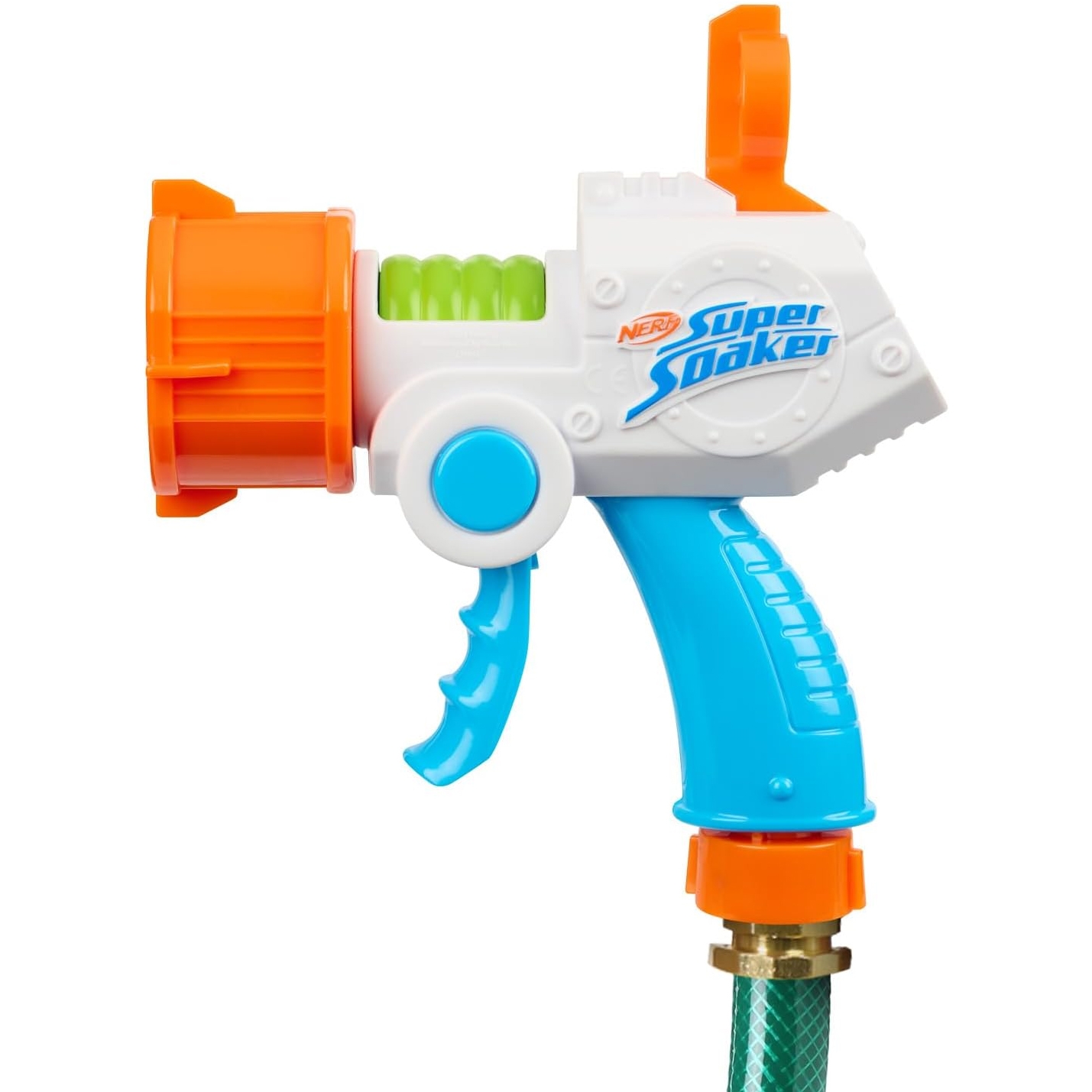 A Nerf Super Soaker water gun nozzle in orange, blue, and white colors, designed to attach to a hose for water play.