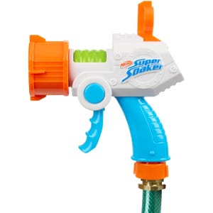 A Nerf Super Soaker water gun nozzle in orange, blue, and white colors, designed to attach to a hose for water play.