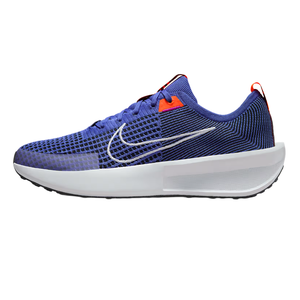 Blue Nike running shoe with red accents, featuring a white swoosh and a thick white sole.