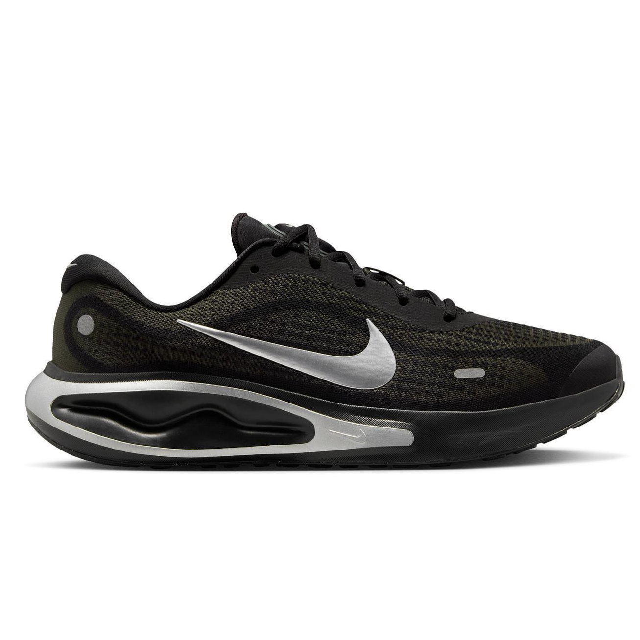 A black Nike running shoe with a silver swoosh logo and a uniquely designed midsole.