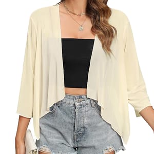 A light, sheer cardigan-style swim cover-up with three-quarter sleeves and an open front design, paired with a black tube top and high-waisted distressed denim shorts.