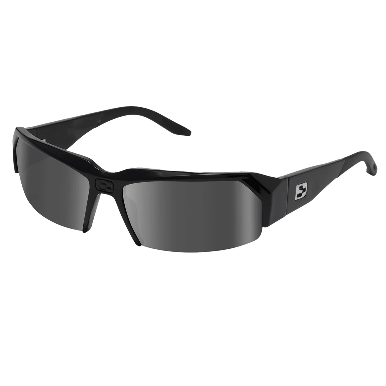 Black wraparound sunglasses with dark lenses and a small logo on the temple.