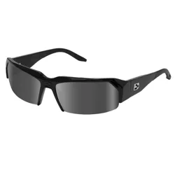 Black wraparound sunglasses with dark lenses and a small logo on the temple.