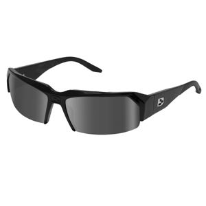 Black wraparound sunglasses with dark lenses and a small logo on the temple.