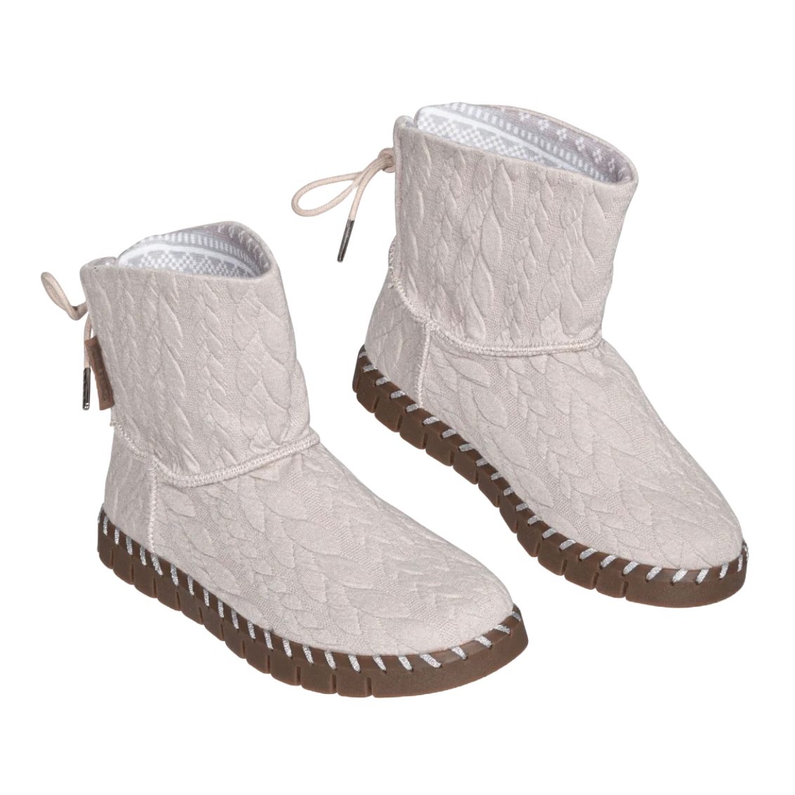 Muk Luks Boot Slippers are light tan with a quilted texture, featuring a cozy ankle-height design, drawstring detail, and brown rubber soles.