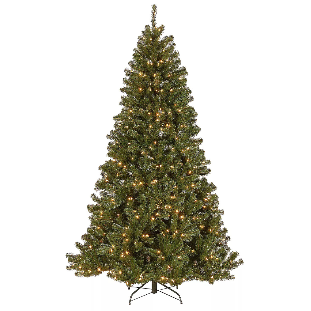 Artificial Christmas tree with warm white lights on a metal stand.