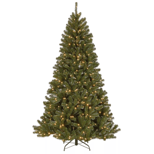 Artificial Christmas tree with warm white lights on a metal stand.