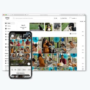 Photo storage and organization software displayed on a desktop browser and a mobile app, showcasing features such as memories and facial recognition.