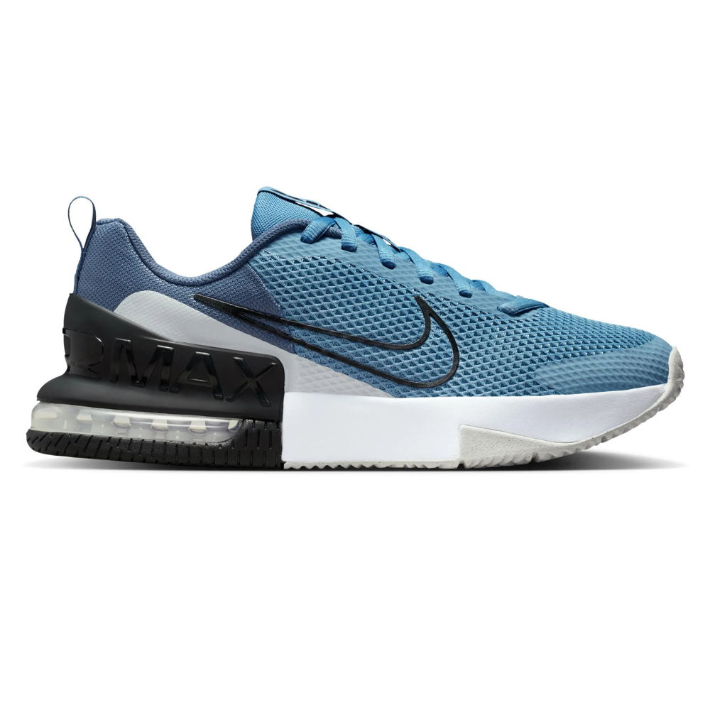 Blue Nike Air Max sneakers with a mesh upper, black Swoosh, and visible Air cushion in the heel.