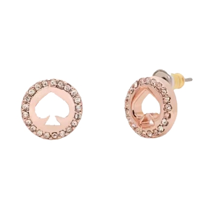 A pair of round, rose gold-tone earrings with a spade symbol at the center, surrounded by small crystals.