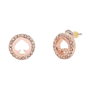 A pair of round, rose gold-tone earrings with a spade symbol at the center, surrounded by small crystals.