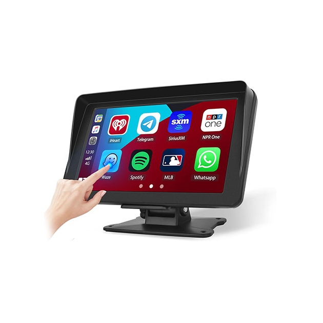 The 7\“ Wireless Car Display features a touchscreen with app icons such as Waze, Spotify, WhatsApp, and Telegram, mounted on a dashboard stand.