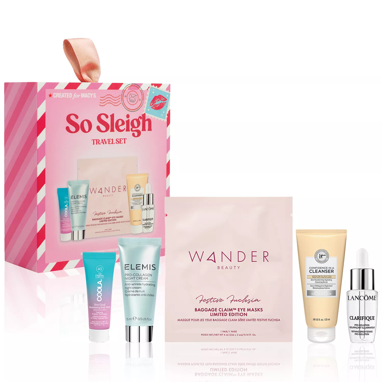 \“So Sleigh Travel Set\“ includes Coola Dew Good, Elemis Pro-Collagen Night Cream, Wander Beauty Baggage Claim Eye Masks, Confidence in a Cleanser, and Lancôme Clarifique.