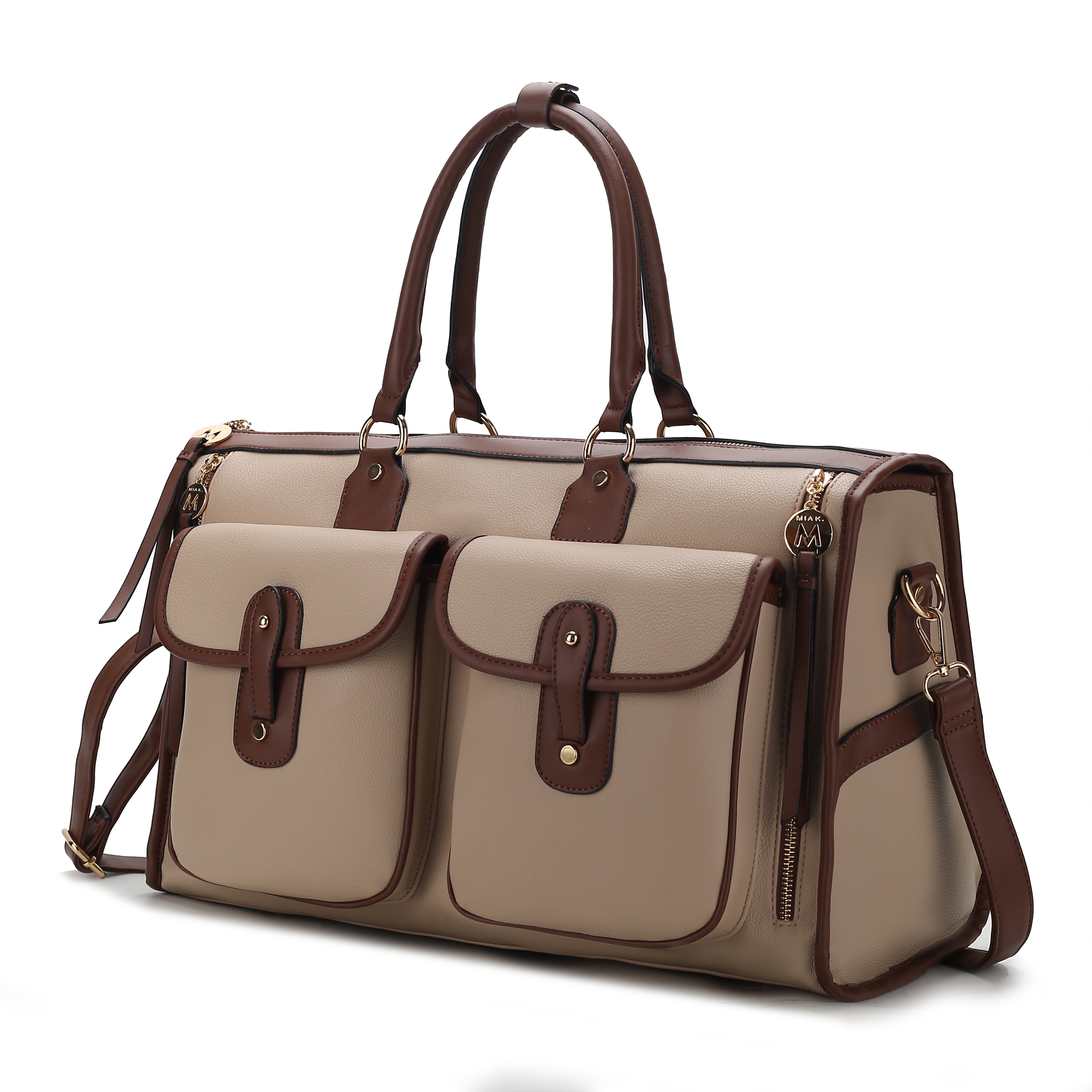A beige and brown tote bag with two front pockets, dual handles, and a shoulder strap. The bag features gold hardware, including a zipper and clasps.