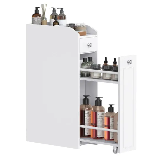 A white storage cabinet with a pull-out drawer holds various bottles and jars, likely including soap, shampoo, or lotion, and a small brush on top, suitable for organizing bathroom or kitchen essentials.