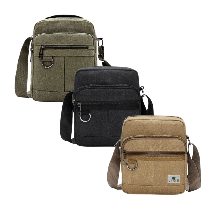 Three crossbody bags in olive, black, and tan colors, each with a front zipper pocket, D-ring attachment, and adjustable shoulder strap.