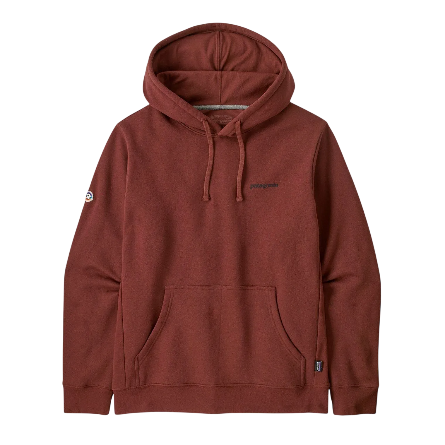 A rust-colored Patagonia hoodie with a front pocket and drawstring hood, featuring a small logo on the chest and sleeve.