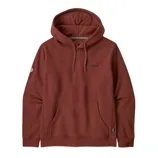A rust-colored Patagonia hoodie with a front pocket and drawstring hood, featuring a small logo on the chest and sleeve.