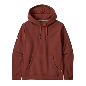 A rust-colored Patagonia hoodie with a front pocket and drawstring hood, featuring a small logo on the chest and sleeve.
