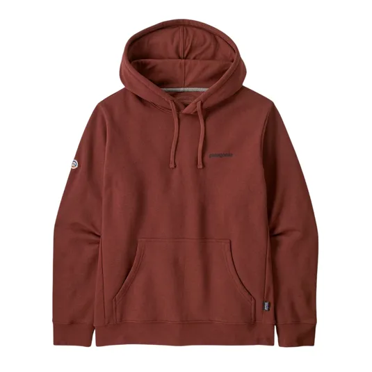 A rust-colored Patagonia hoodie with a front pocket and drawstring hood, featuring a small logo on the chest and sleeve.