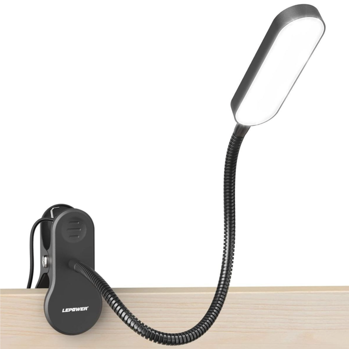 LED clip-on desk lamp with a flexible goose neck attached to a wooden surface.