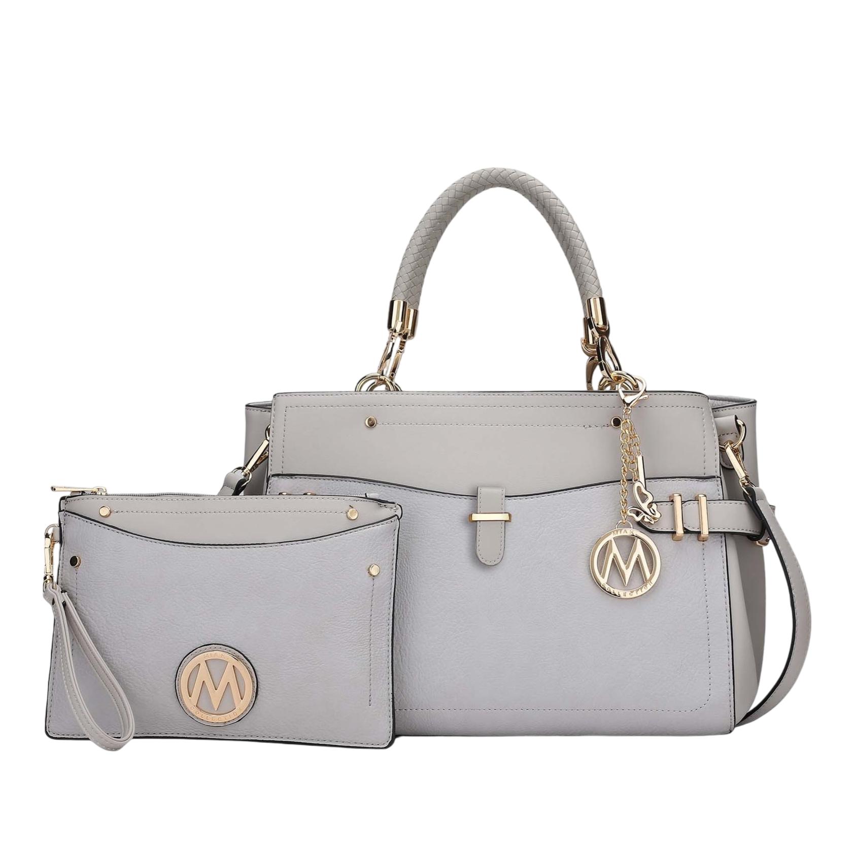 Gray leather handbag and matching wristlet, featuring gold-tone hardware and decorative round medallions with an \“M\“ logo.