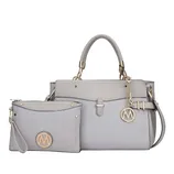 Gray leather handbag and matching wristlet, featuring gold-tone hardware and decorative round medallions with an \“M\“ logo.