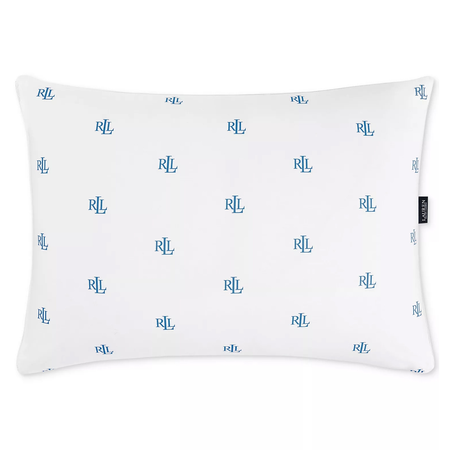 A rectangular white pillowcase featuring a repeating pattern of blue \“RL\“ logos, with a black side tag displaying the brand name.