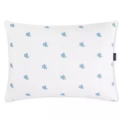 A rectangular white pillowcase featuring a repeating pattern of blue \“RL\“ logos, with a black side tag displaying the brand name.