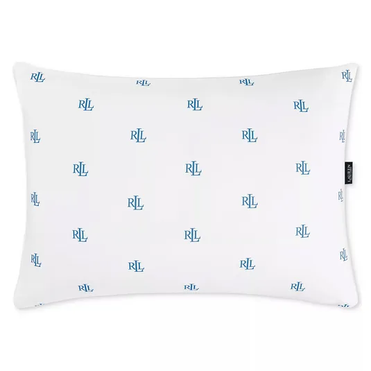 A rectangular white pillowcase featuring a repeating pattern of blue \“RL\“ logos, with a black side tag displaying the brand name.