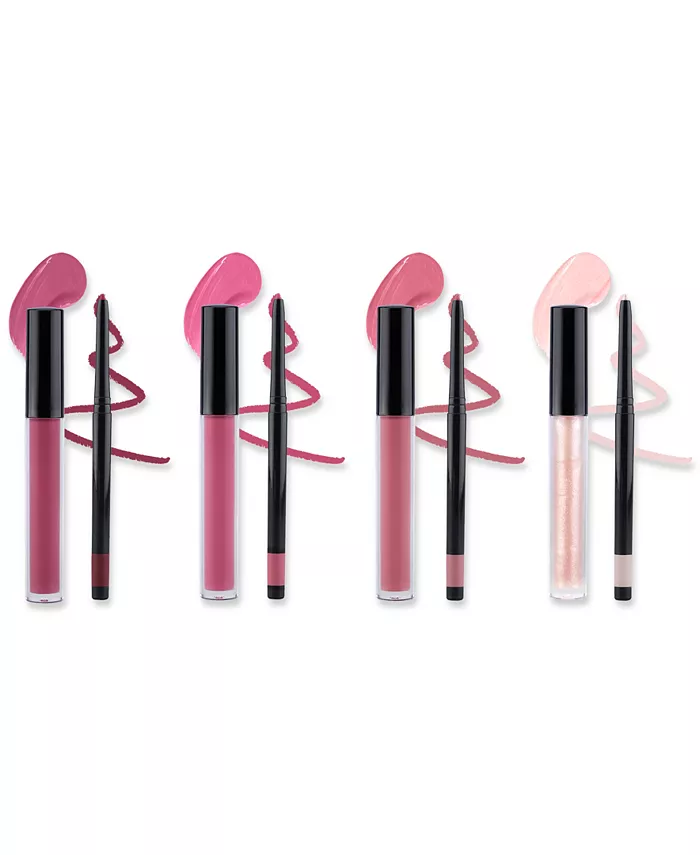 Lip makeup collection including various shades of pink lipstick, lip gloss, and lip liner.
