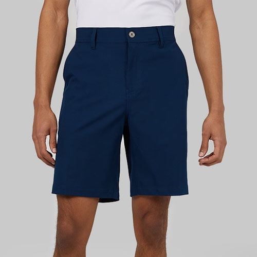 A pair of navy blue men's chino shorts.